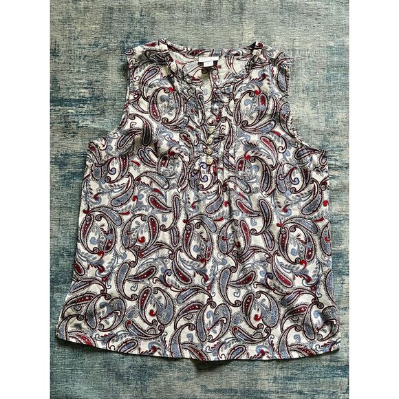 Liz Claiborne Red White Blue Paisley Pleated V Neck Linen Blend Blouse Large - Picture 1 of 5
